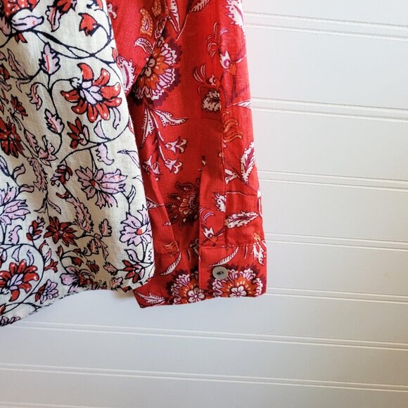 J. Jill Top Womens M Cream and Red Colorblock Print Button Up Cotton Gauzy Sheer - Picture 8 of 11